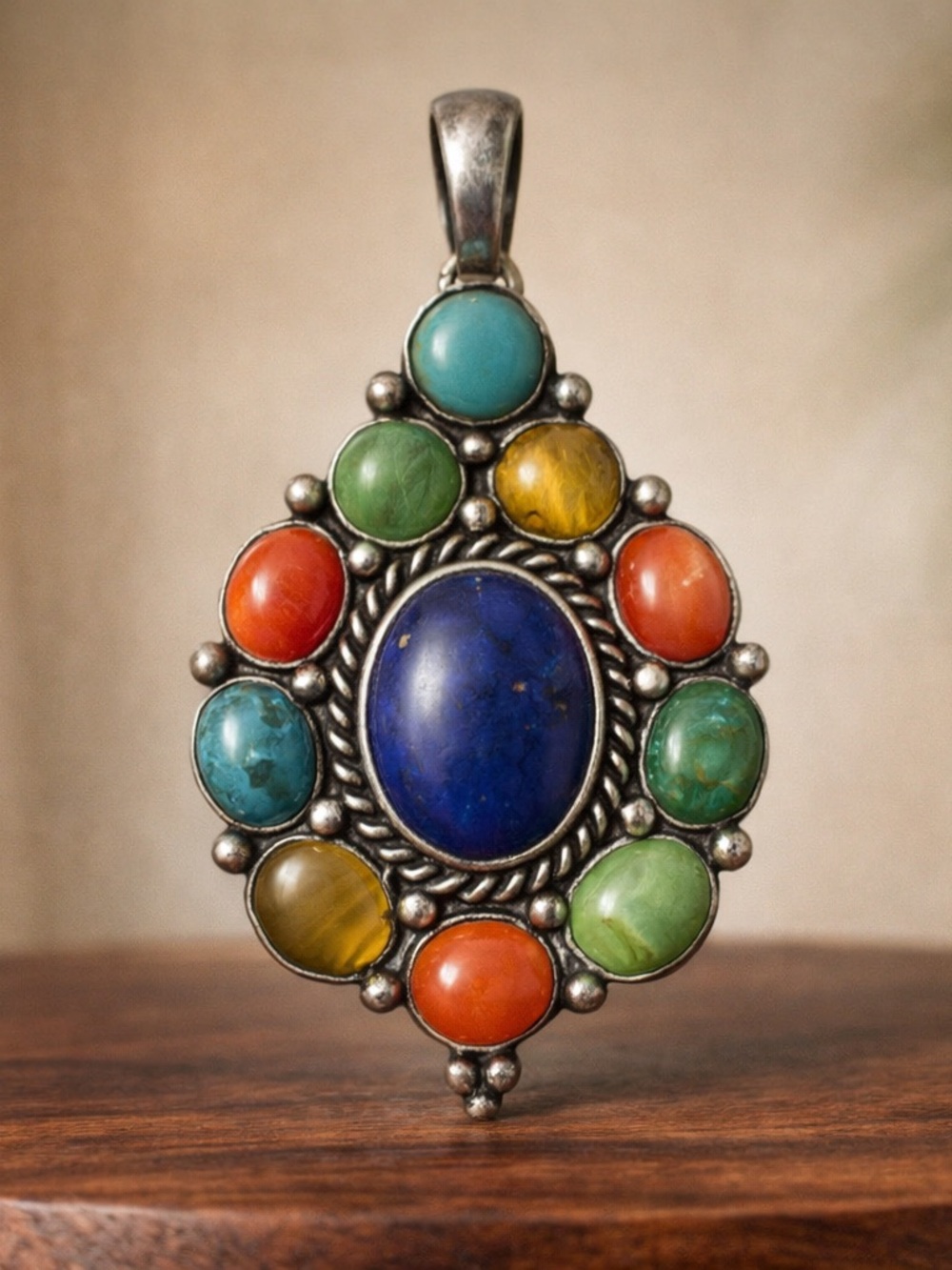 Navajo Silver Pendant with Lapis, Coral, Spiny Oyster, Gaspeite, and Turquoise